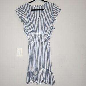 Rails Linen Blend Blue White Stripe Tara Smocked Flutter Sleeve Mini Dress Sz M